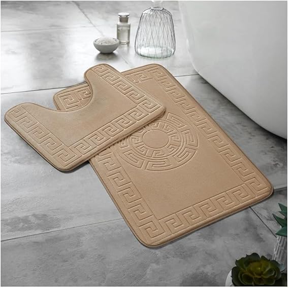 Bath Mat Set 2 Piece – Greek Key Pattern Bathroom Mats | Non Slip Toilet Rugs | Super Soft & Quick Dry | Water Absorbent Mat Set (Aqua)