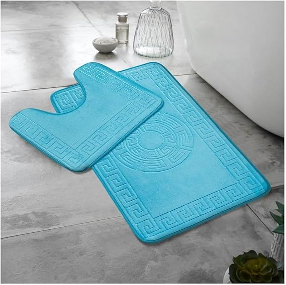 Bath Mat Set 2 Piece – Greek Key Pattern Bathroom Mats | Non Slip Toilet Rugs | Super Soft & Quick Dry | Water Absorbent Mat Set (Aqua)