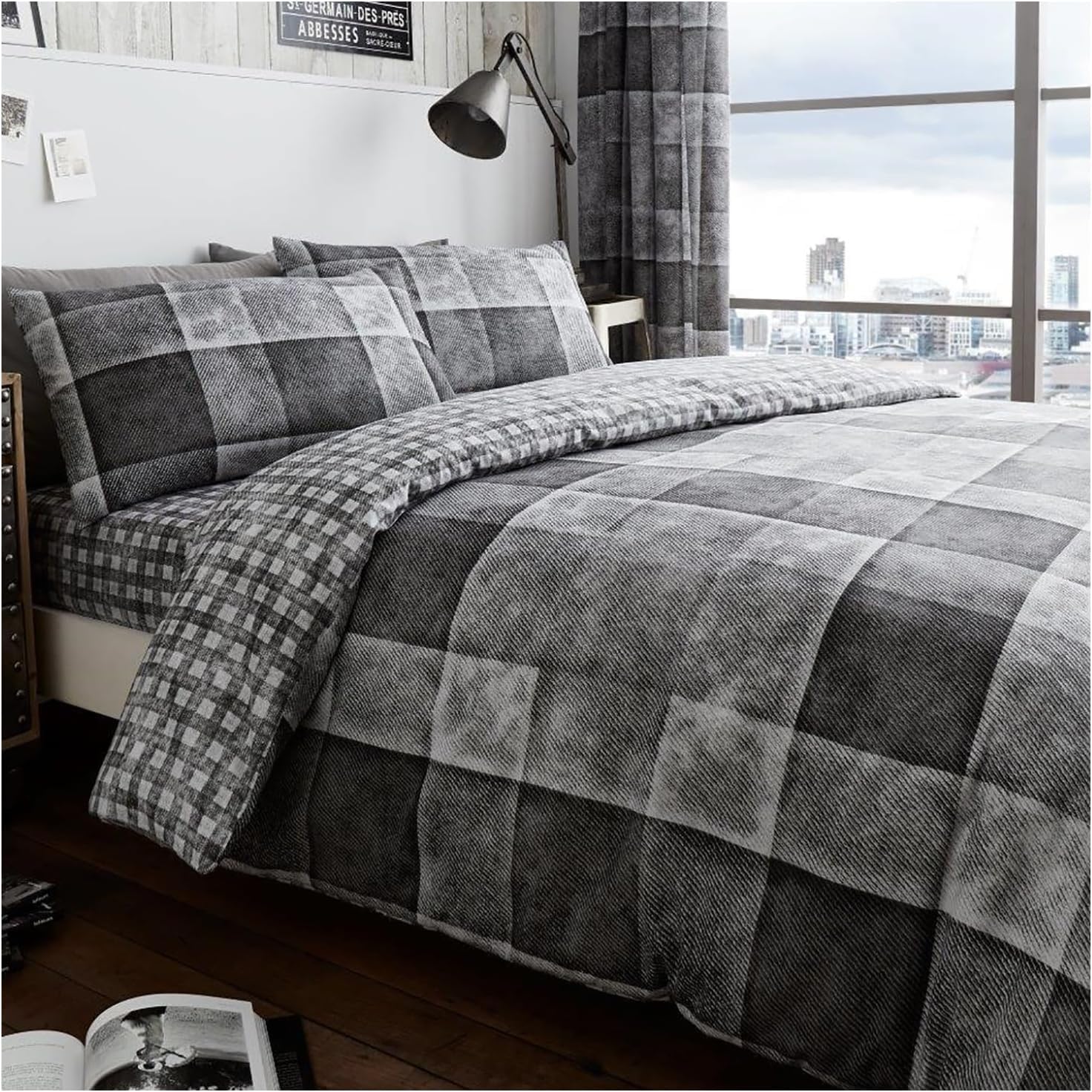 GAVENO CAVALIA Luxury Reversible Denim Check Duvet Cover Bedding Set | Soft & Cosy Checked Quilt with Pillowcases | Breathable Easy-Care Fabric – Grey (Double)